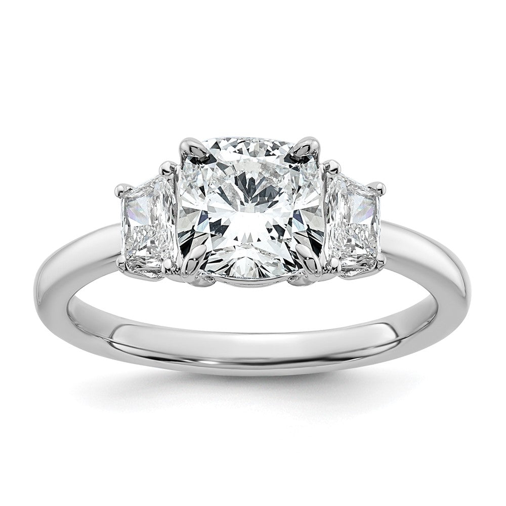 14K White Gold 1 7/8 carat Lab Grown Diamond VS+ F+ Cushion and Half Moon Complete Three Stone Engagement Ring