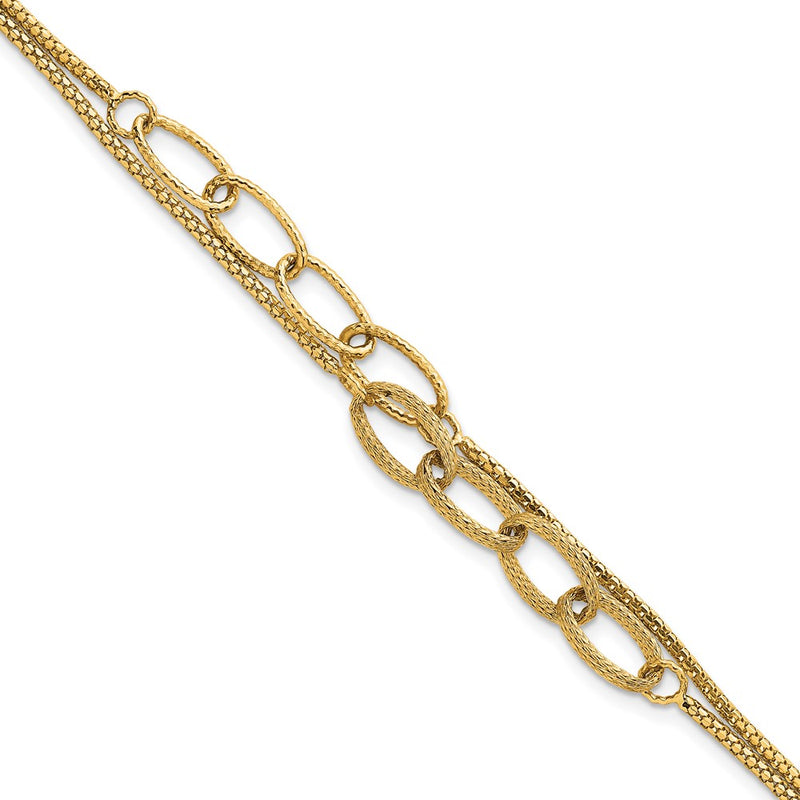 14K Yellow Gold Polished and Textured Woven Double Strand with Oval Links 7.25 Inch Bracelet