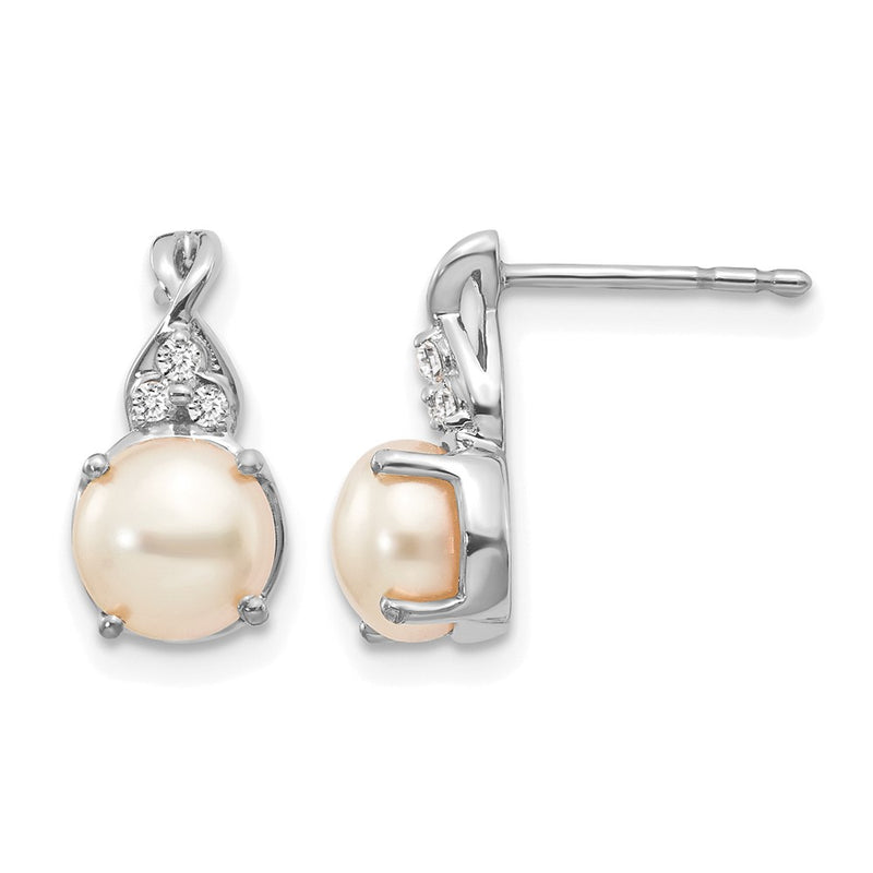 14K White Gold 6mm June/Freshwater Cultured Pearl and Diamond Post Earrings