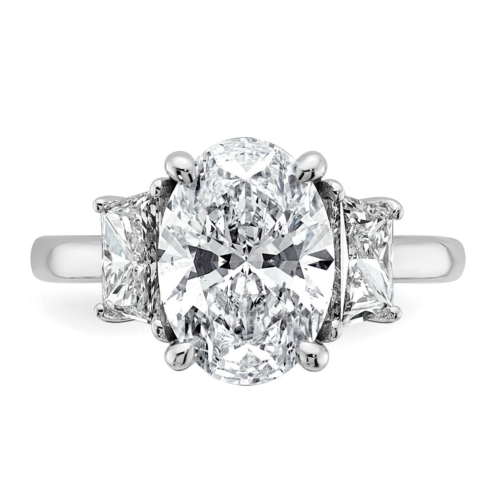 14K White Gold 4 carat Certified Lab Grown Diamond VS+ F+ Oval and Trapezoid Complete Three Stone Engagement Ring