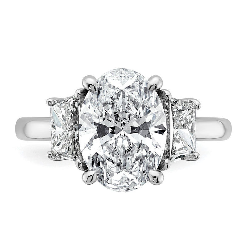 14K White Gold 4 carat Certified Lab Grown Diamond VS+ F+ Oval and Trapezoid Complete Three Stone Engagement Ring