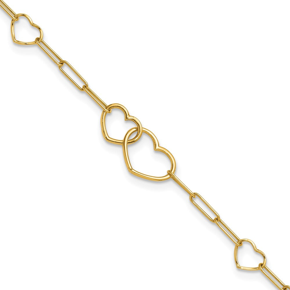 14K Yellow Gold Polished Double Hearts and Paper Clip Links 7.5 Inch Bracelet