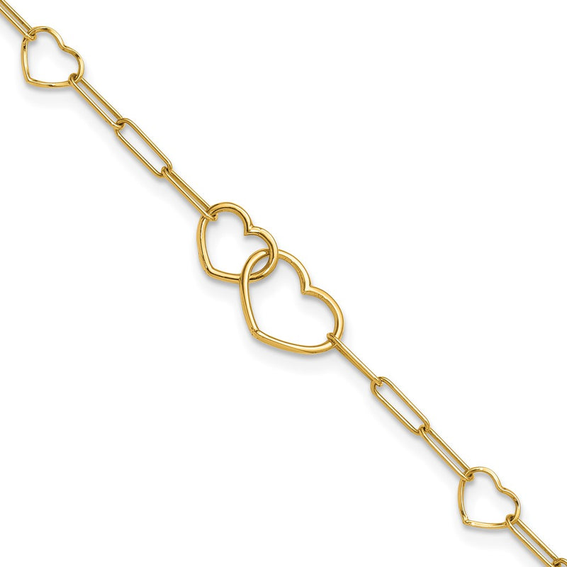 14K Yellow Gold Polished Double Hearts and Paper Clip Links 7.5 Inch Bracelet