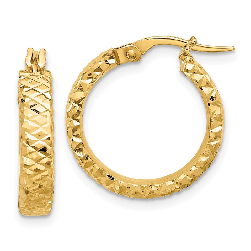 14K Yellow Gold Polished 4mm Diamond Cut Hoop Earrings