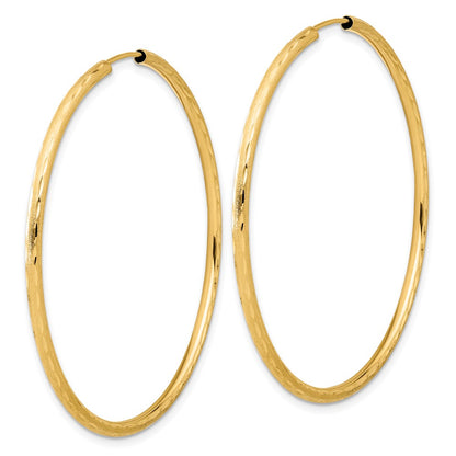 14K Yellow Gold 2.00x50mm Polished and Satin Diamond-cut Endless Tube Hoop Earrings