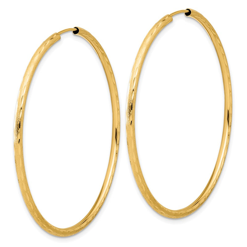 14K Yellow Gold 2.00x50mm Polished and Satin Diamond-cut Endless Tube Hoop Earrings