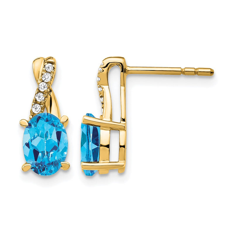 14K Yellow Gold 7x5 Oval December/Blue Topaz and Diamond Post Earrings