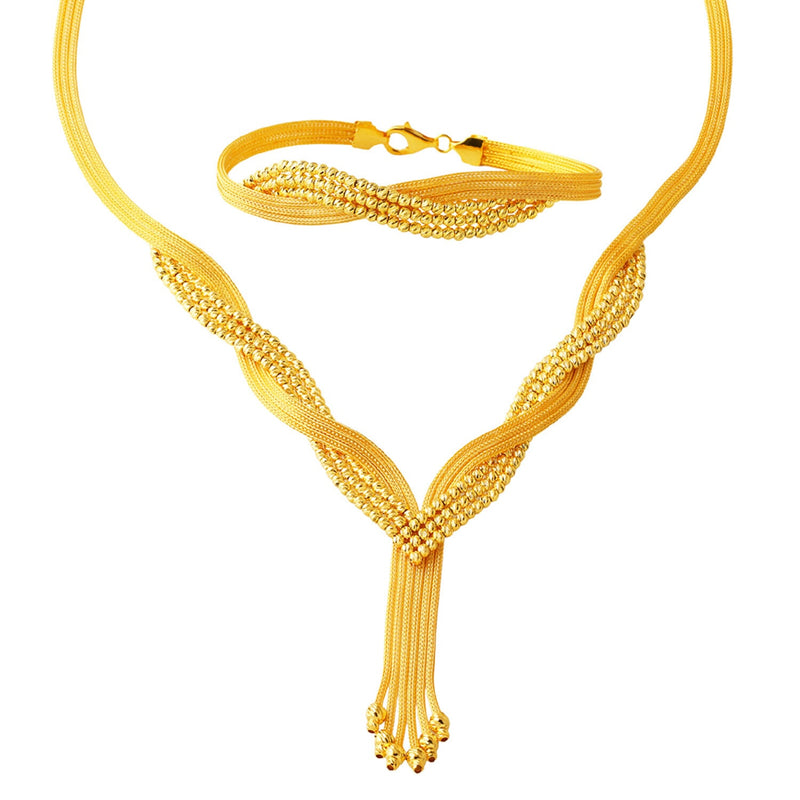 14K Yellow Gold 3 Row Braided Double Wedding Choker Necklace and Bracelet Set