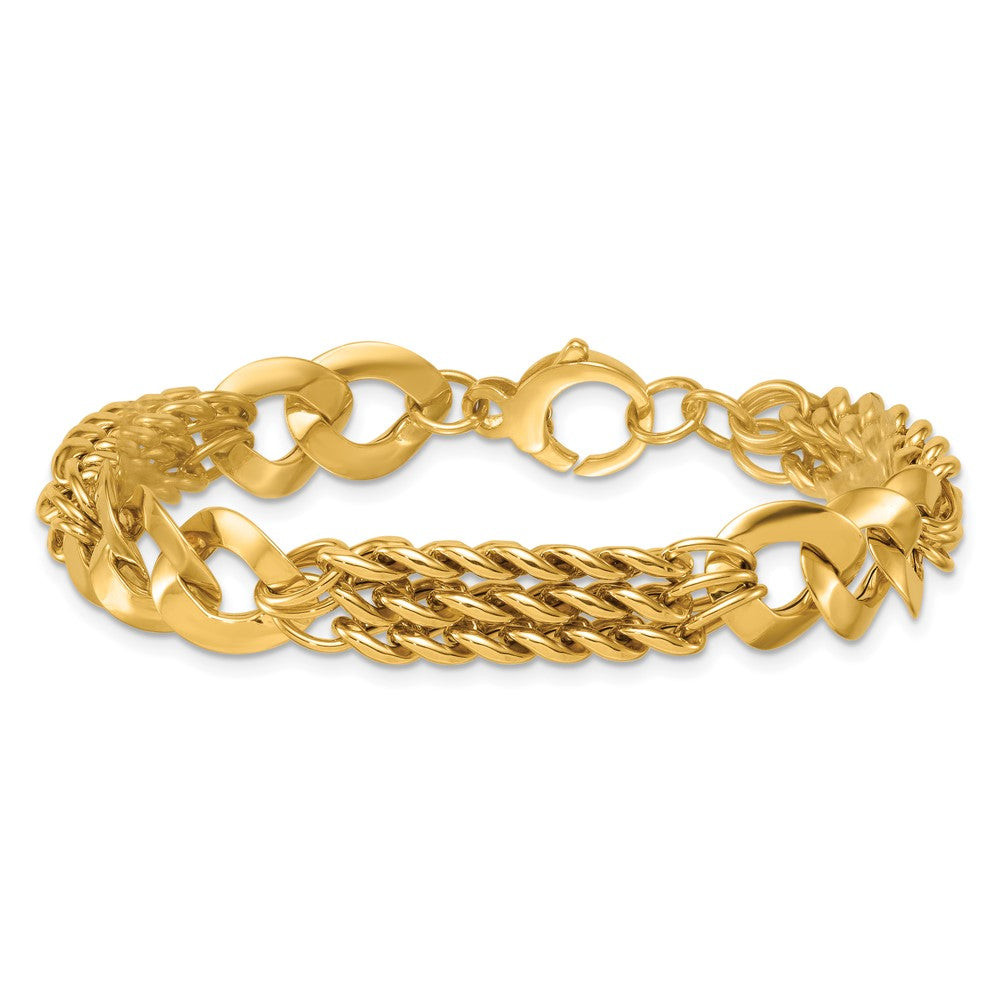 14K Yellow Gold Polished 11.1mm Lightweight Link and Triple Strand Fancy Curb Chain Bracelet