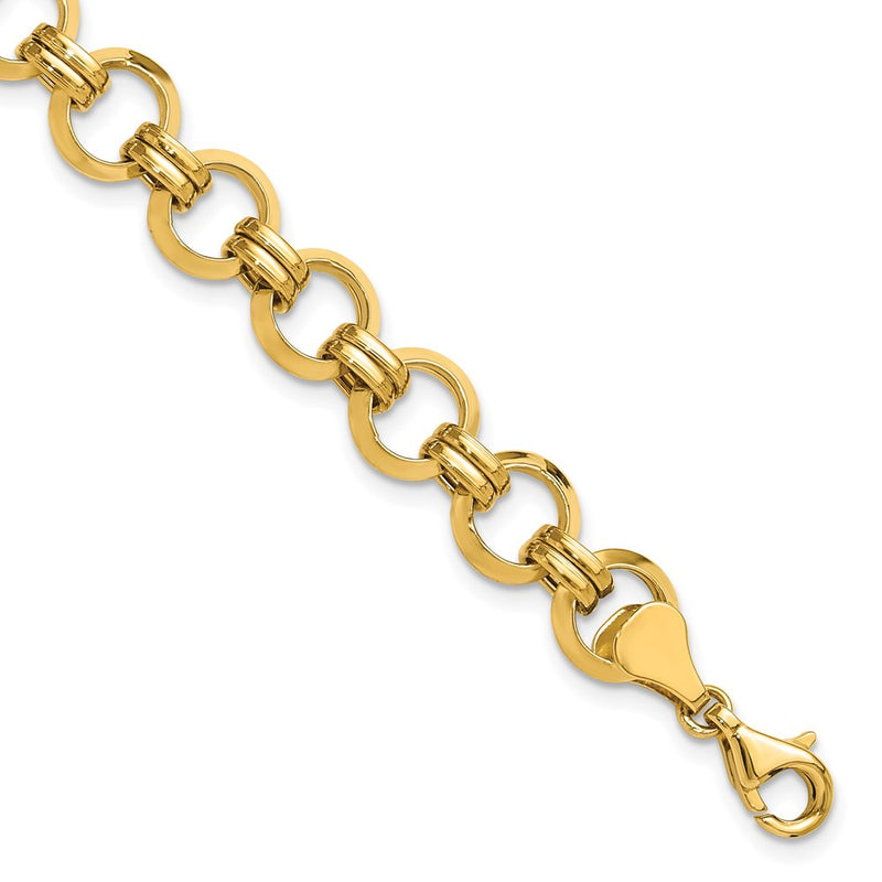 14K Yellow Gold Polished 9.4mm Fancy Circle Link 7.5 Inch Bracelet