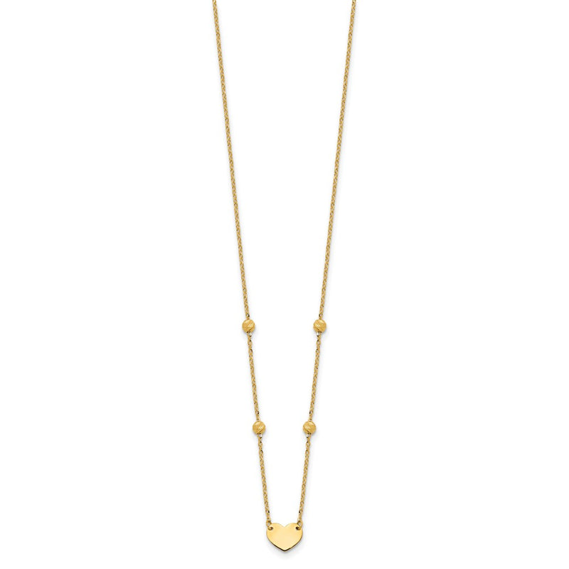 14K Yellow Gold Polished Heart and Diamond-cut Beads 15.5 Inch Necklace Plus 2 Inch Extender