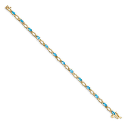 14K Yellow Gold Complete Diamond and Oval Swiss Blue Topaz Heart Accent 7 Inch Bracelet