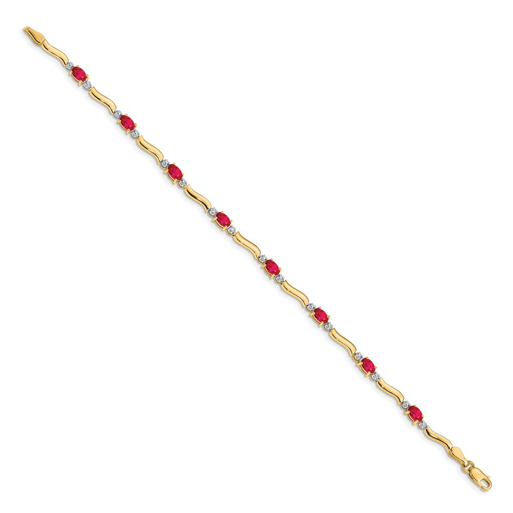 14K Yellow Gold Complete Diamond and Oval Ruby Wavy Link 7 Inch Bracelet