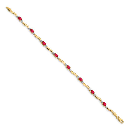 14K Yellow Gold Complete Diamond and Oval Ruby Wavy Link 7 Inch Bracelet