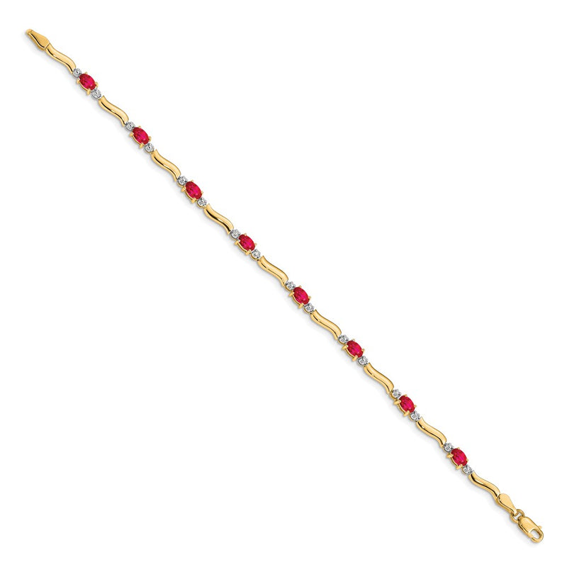 14K Yellow Gold Complete Diamond and Oval Ruby Wavy Link 7 Inch Bracelet
