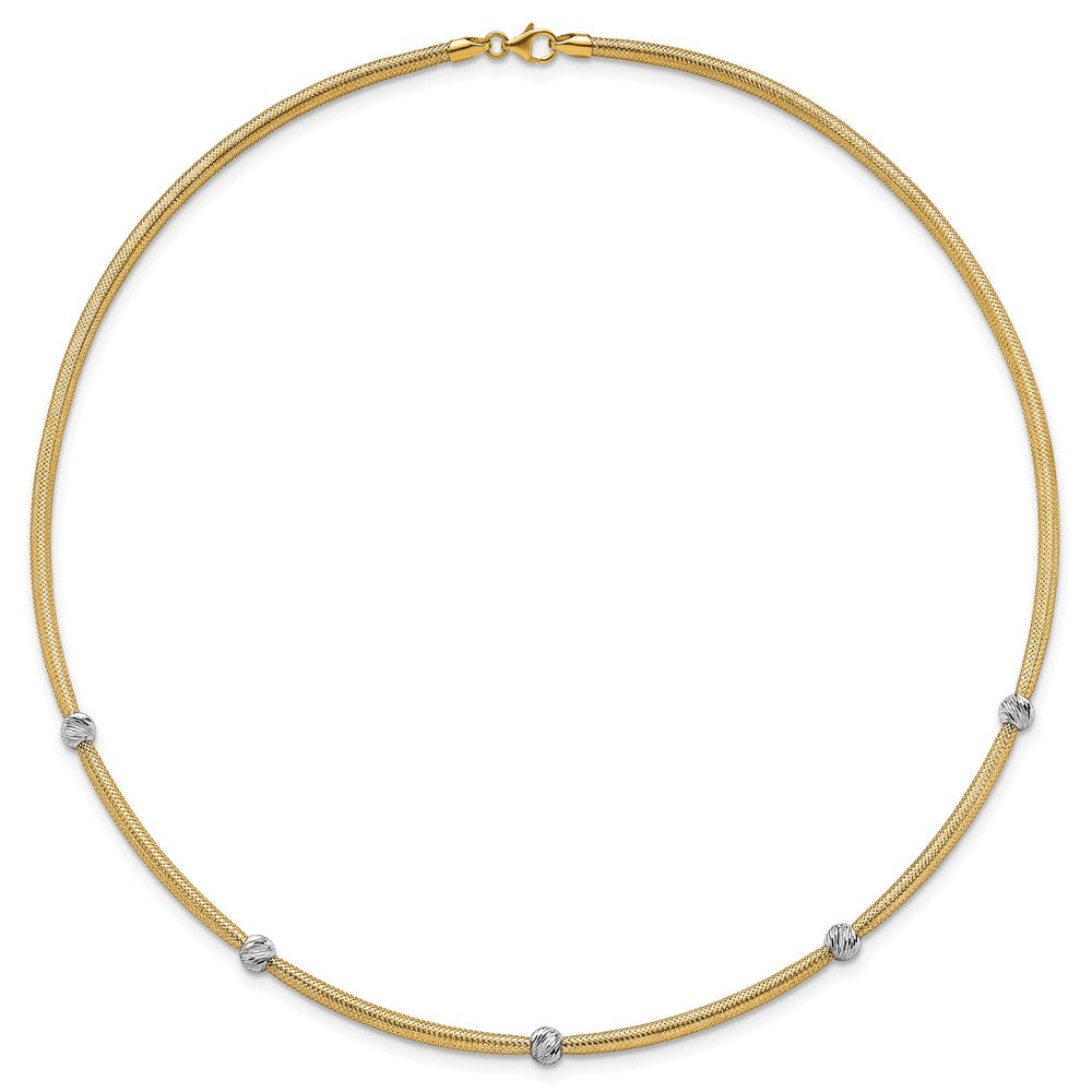 14K Yellow Gold Polished with Rhodium 5-Station Diamond-cut Beads 4mm Flexible Mesh 18 Inch Necklace