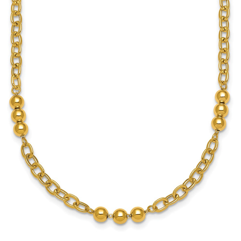 14K Yellow Gold Polished 3.5mm Fancy Beaded and Cable Link 18 Inch Necklace