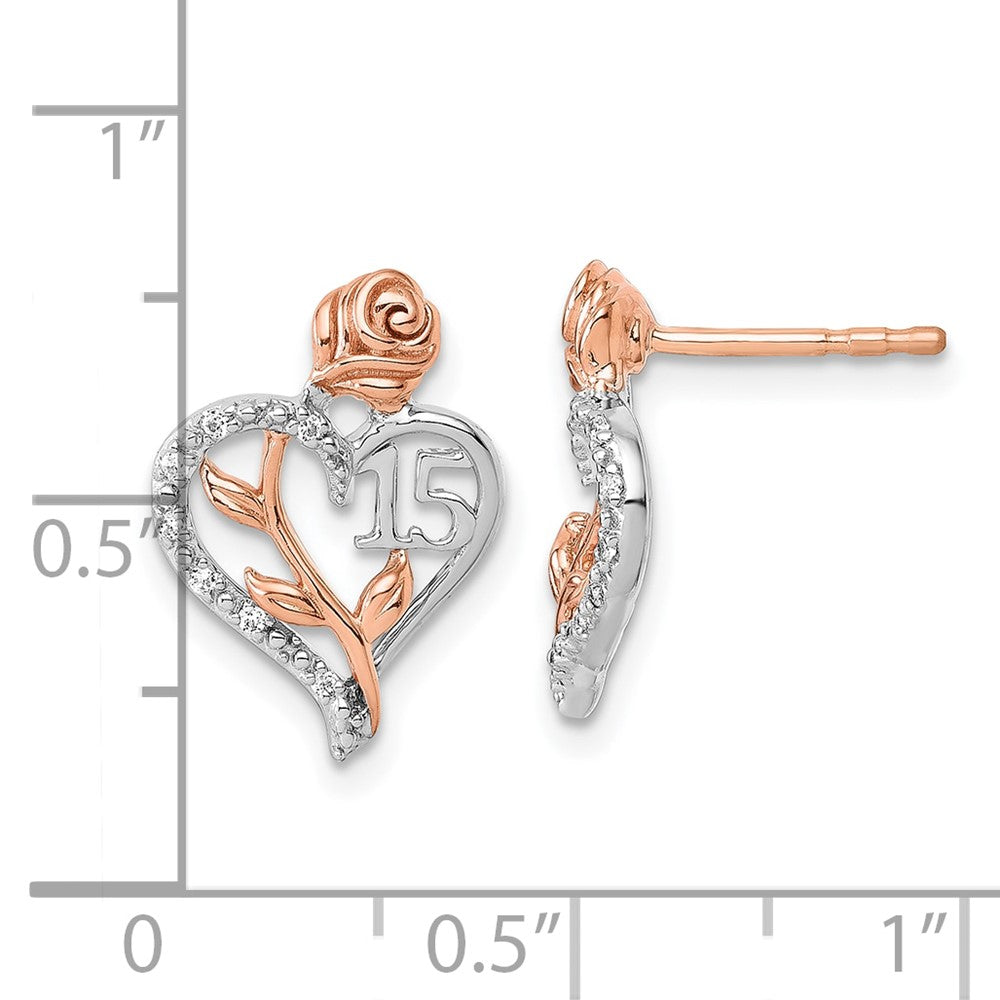 14K White and Rose Gold 1/20 carat Diamond Quinceanera 15 Heart Post Earrings