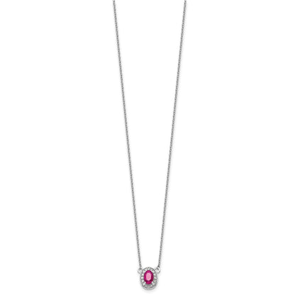 14K White Gold Diamond and 6x4mm Oval Ruby Halo 18 Inch Necklace