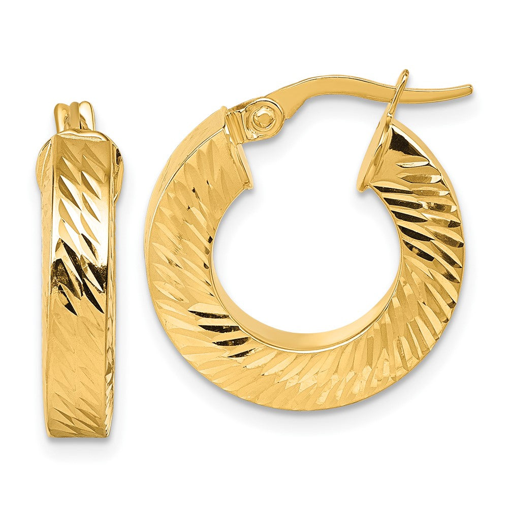 14K Yellow Gold Polished and Diamond-cut 4.00mm x 18mm Square Tube Round Hoop Earrings