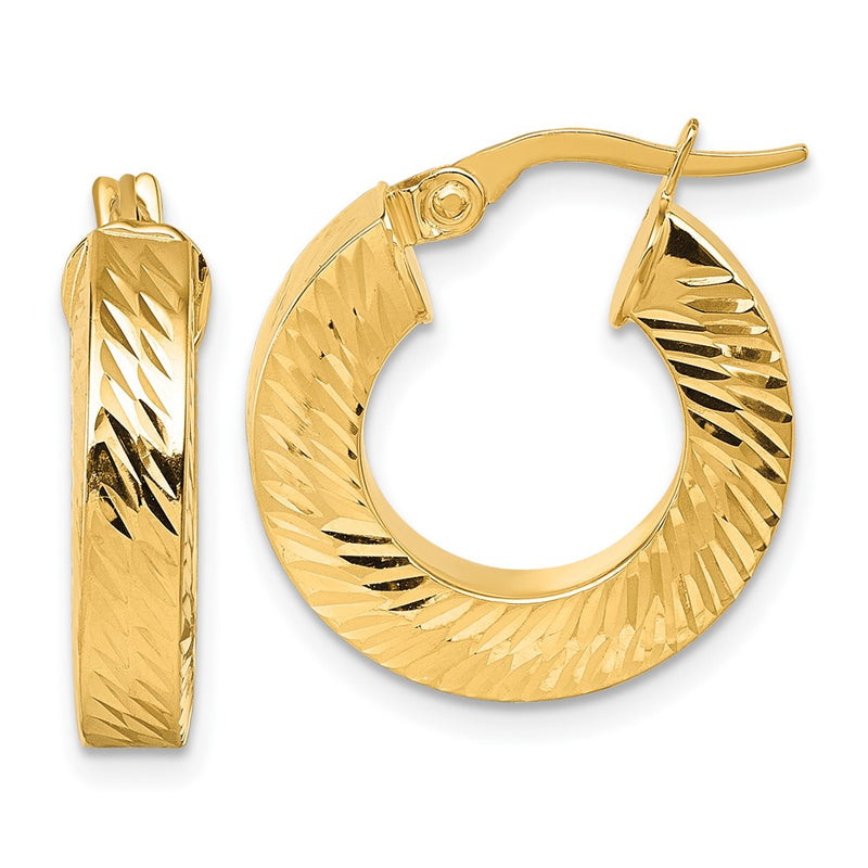 14K Yellow Gold Polished and Diamond-cut 4.00mm x 18mm Square Tube Round Hoop Earrings