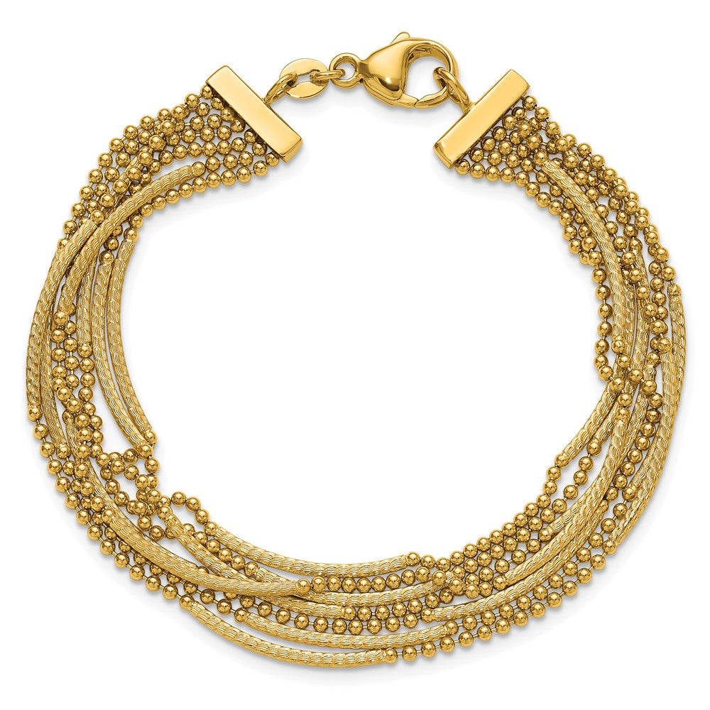 14K Yellow Gold Polished and Textured Multi Strand Beaded Chain Bracelet