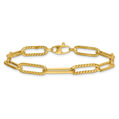 14K Yellow Gold Polished and Twisted 6.4mm Paperclip Link Chain Bracelet