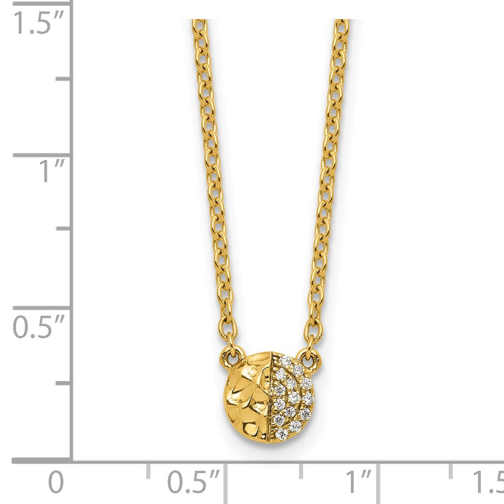 14K Yellow Gold Polished and Hammered 1/20 carat Diamond Disk 18 Inch Necklace