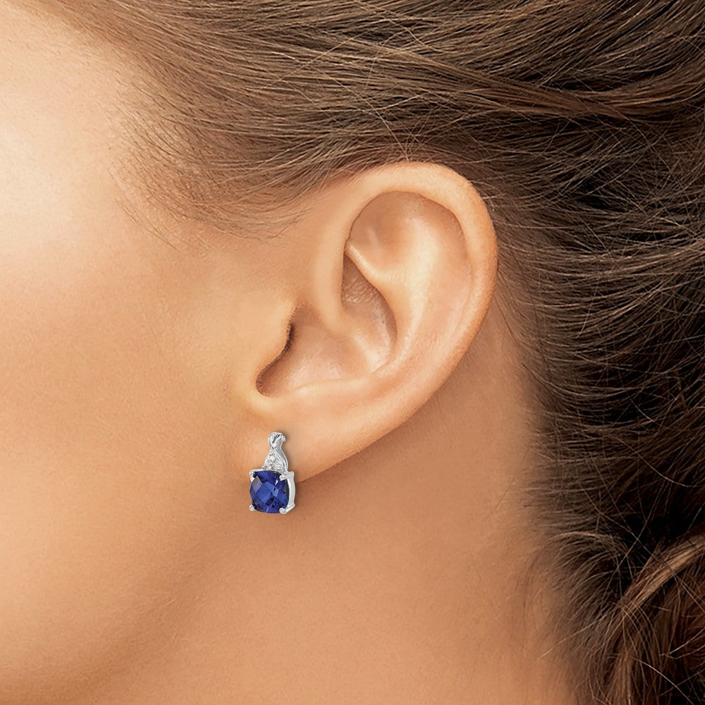 14K White Gold 7mm Cushion Checkerboard September/Lab Created Sapphire and Diamond Post Earrings