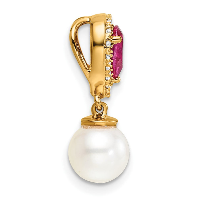 14K Yellow Gold 6-7mm Round Freshwater Cultured Pearl/Pear Ruby/Diamond Teardrop Chain Slide