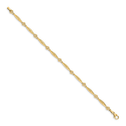 14K Yellow Gold Complete 1/20 carat Diamond Heart 7 Inch Bracelet