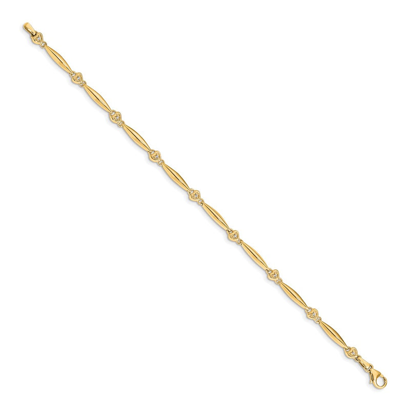 14K Yellow Gold Complete 1/20 carat Diamond Heart 7 Inch Bracelet