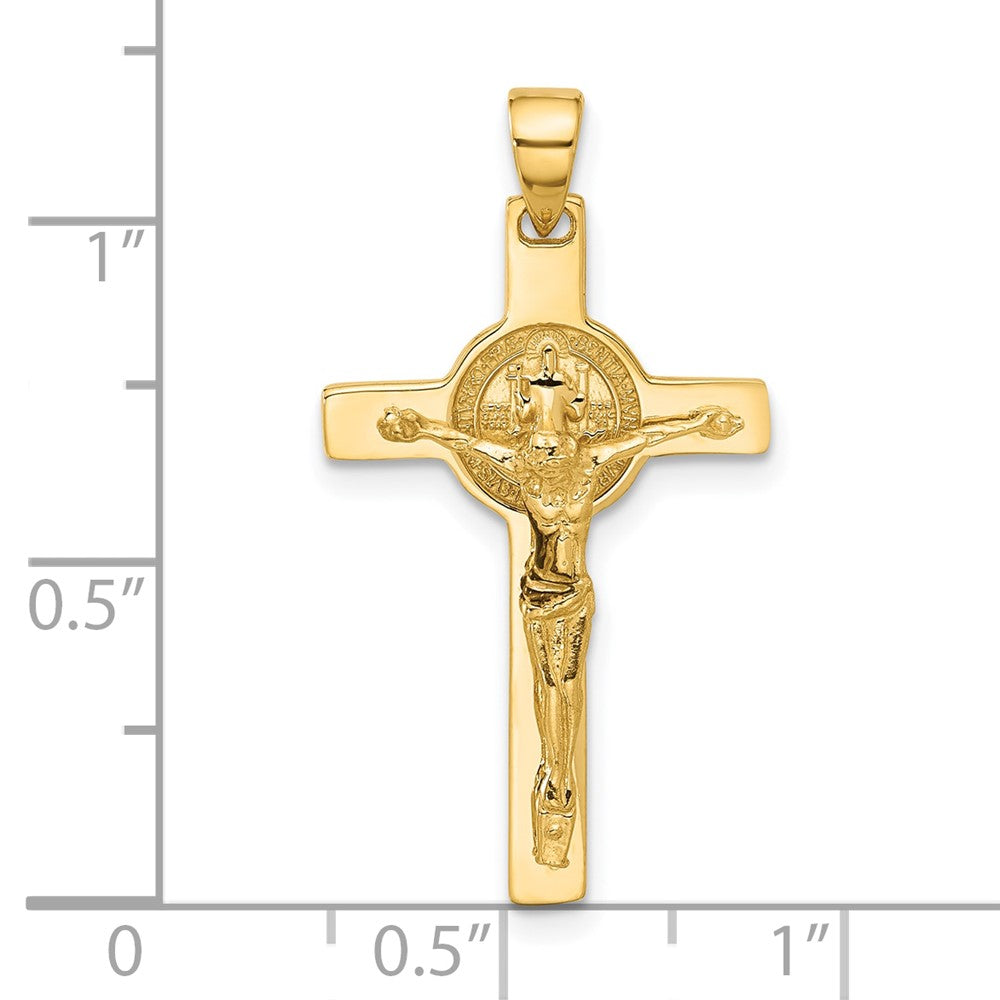 14K Yellow Gold Polished Crucifix and St Benedict Pendant