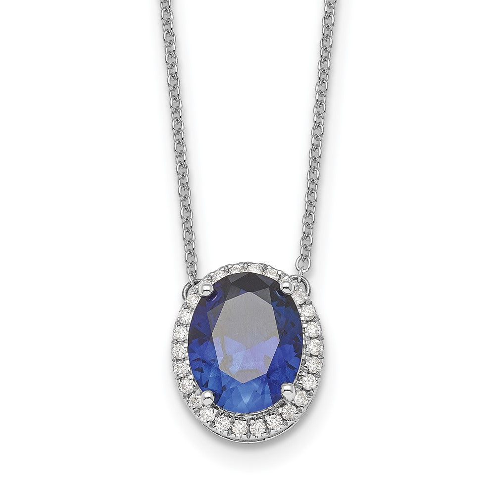 14K White Gold 10x8mm Oval Lab Created Sapphire and Diamond 18 Inch Halo Necklace