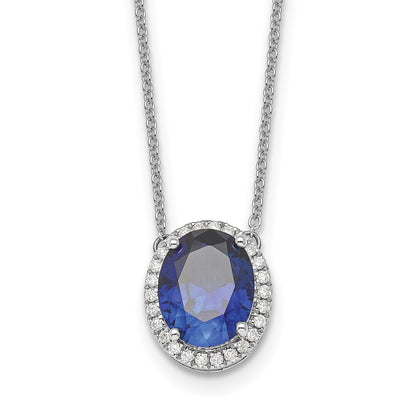 14K White Gold 10x8mm Oval Lab Created Sapphire and Diamond 18 Inch Halo Necklace