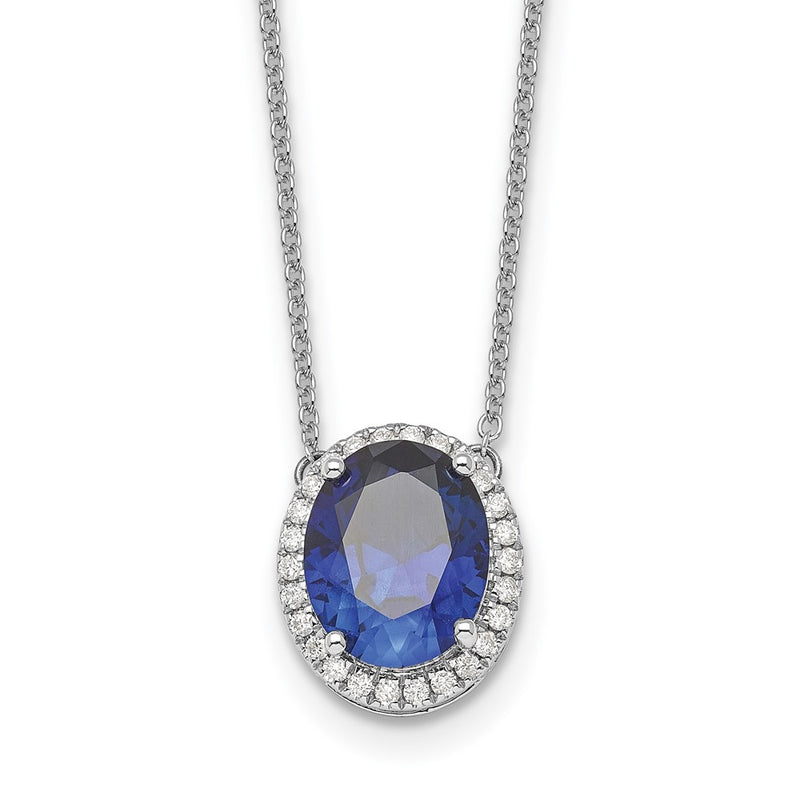 14K White Gold 10x8mm Oval Lab Created Sapphire and Diamond 18 Inch Halo Necklace