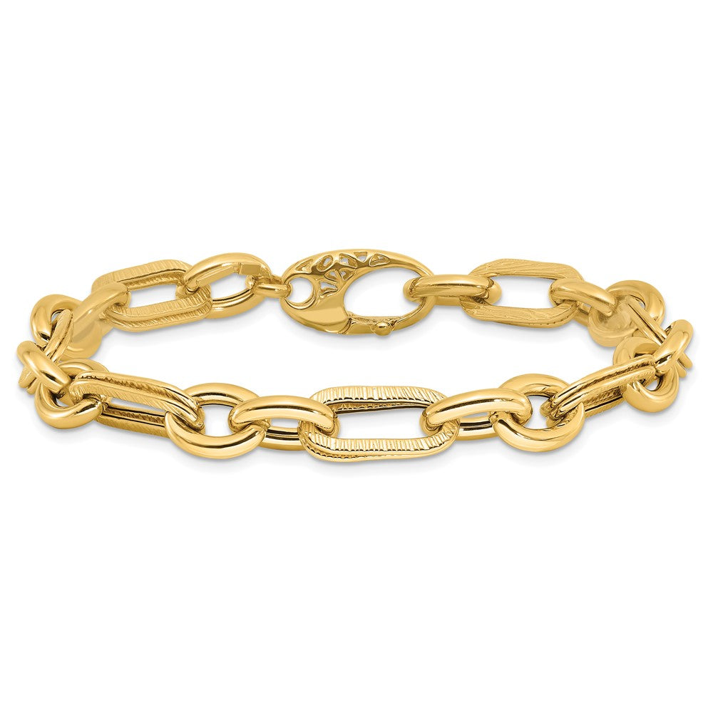 14K Yellow Gold Polished and Textured 7.7mm Fancy Link 7.5 Inch Bracelet