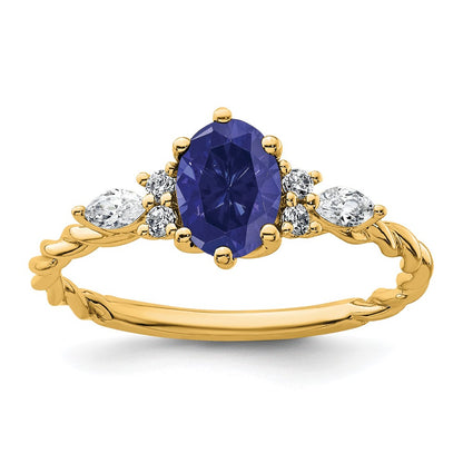 14K Yellow Gold Diamond and 7x5 Oval September/Lab Created Sapphire Size 7 Twisted Ring