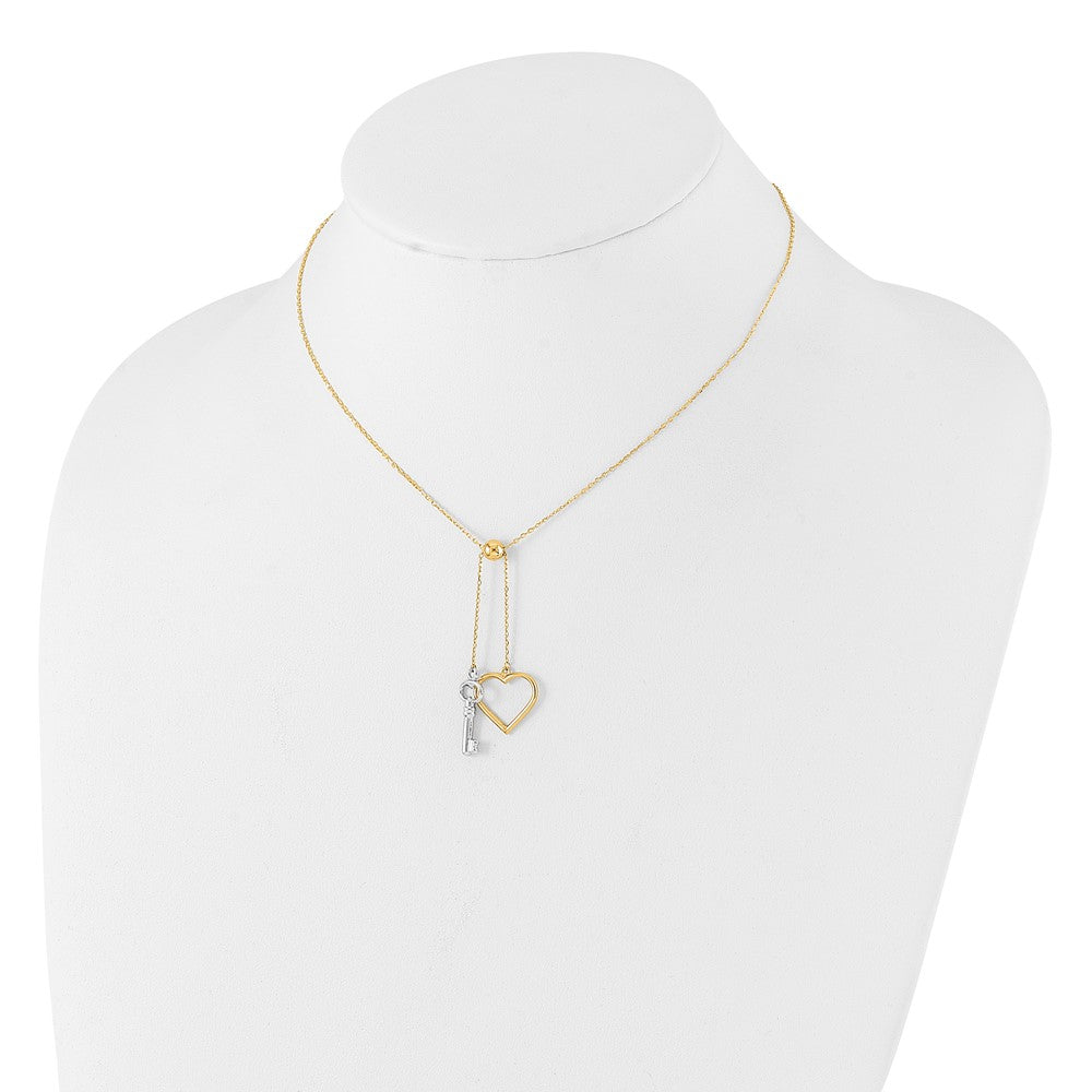 14K Two-Tone Gold Two-tone Polished Adjustable-Dangle Heart and Key 17 Inch Lariat Necklace