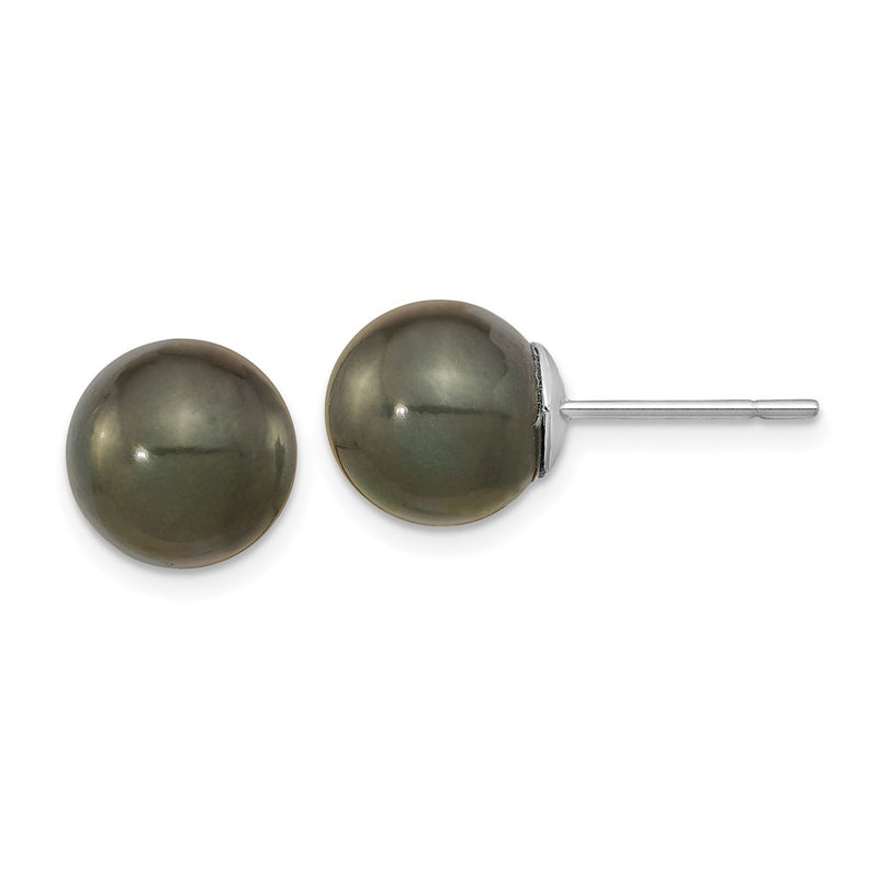14K White Gold 10-11mm Black Round Tahitian Saltwater Cultured Pearl Post Earrings