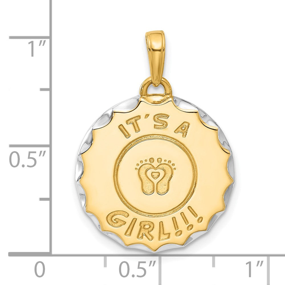 14K Yellow Gold and Rhodium Diamond-cut It's A Girl! Disc Pendant