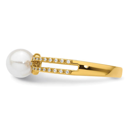 14K Yellow Gold Polished Diamond and Pearl Fashion Ring