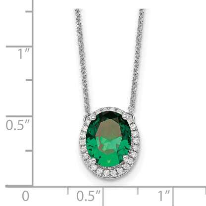 14K White Gold 10x8mm Oval Lab Created Emerald and Diamond Halo 18 Inch Necklace