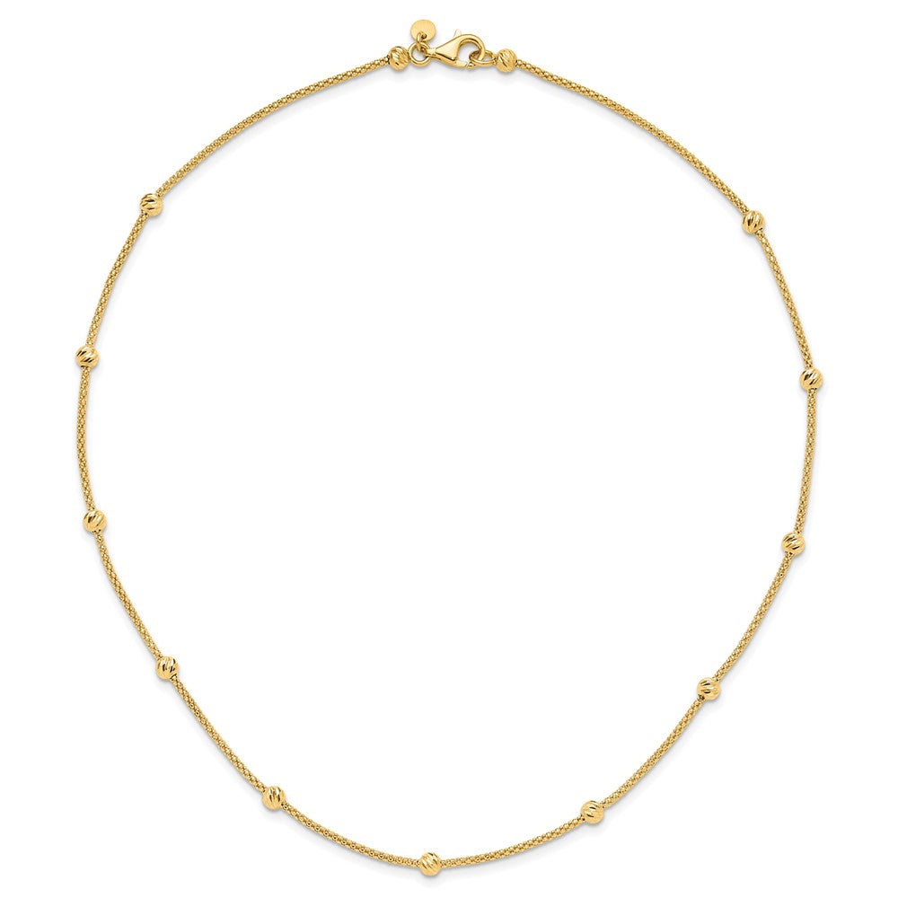 14K Yellow Gold Polished Diamond-cut Beads and Mesh Chain 17 Inch Necklace