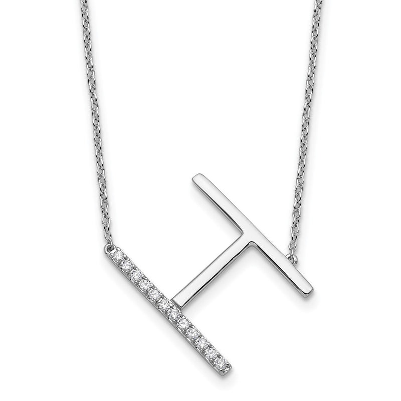 14K White Gold Sideways Diamond Initial H 18 Inch Necklace