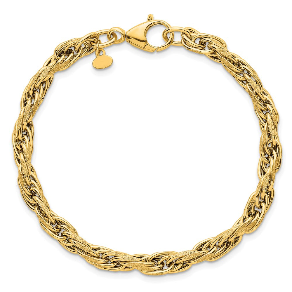 14K Yellow Gold Polished And Textured 4.5mm Flat Rope Chain 7.5 Inch Bracelet