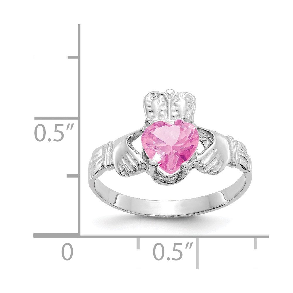14K White Gold October CZ Heart Birthstone Claddagh Ring
