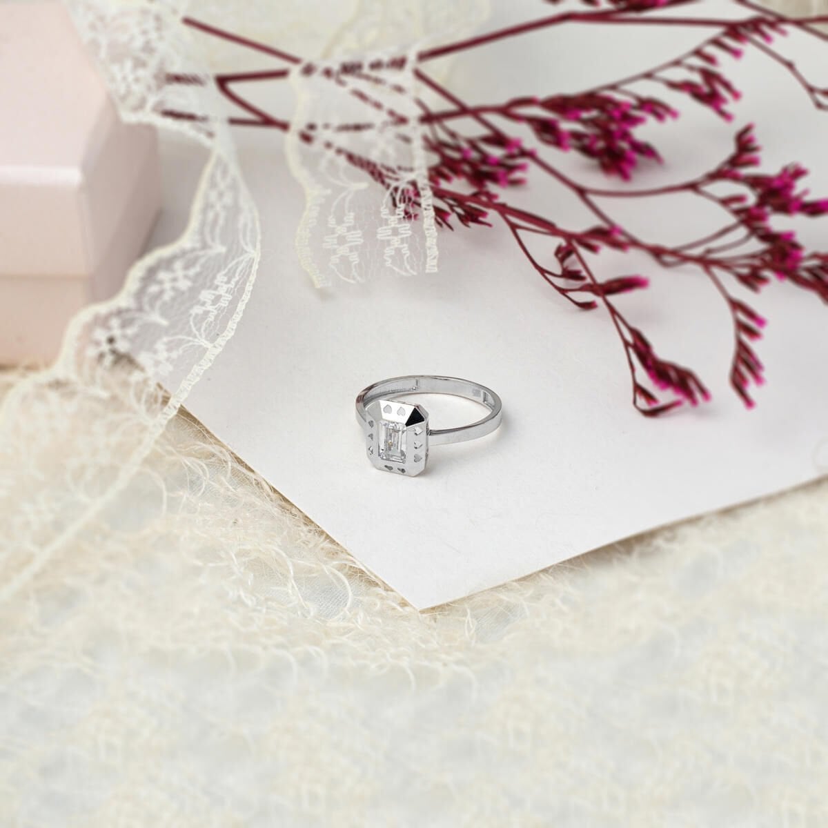 14K White Gold Baguette Heart Cubic Zirconia Ring
