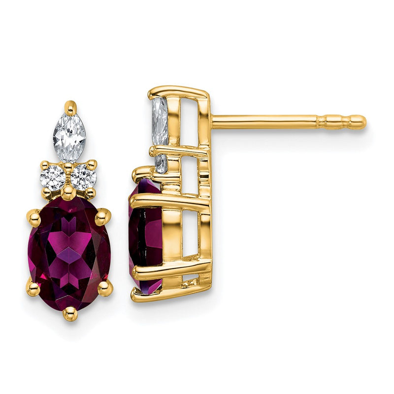 14K Yellow Gold Diamond and 7x5 Oval June/Rhodolite Garnet Post Earrings