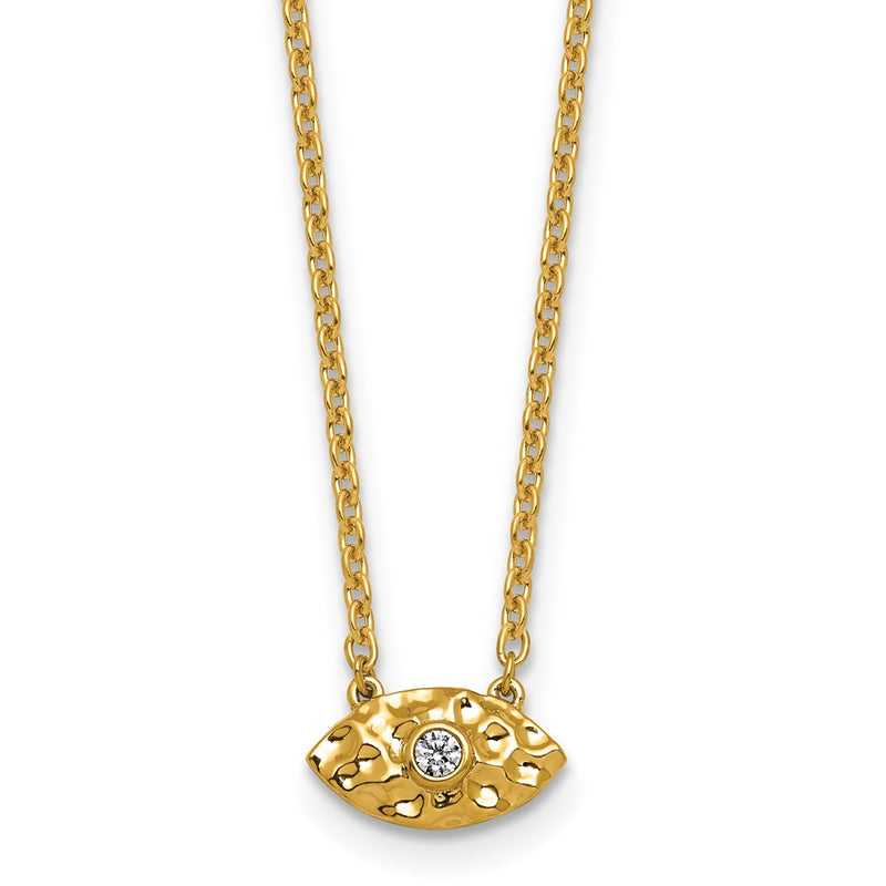 14K Yellow Gold Polished and Hammered 1/20 carat Diamond Evil Eye 18 Inch Necklace